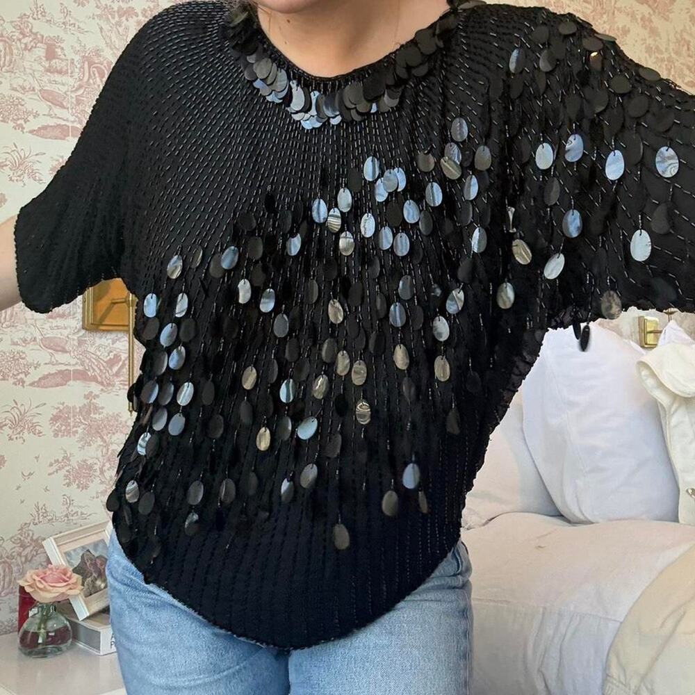 Vintage 100% Silk Black Disc Sequin Top‎ Medium